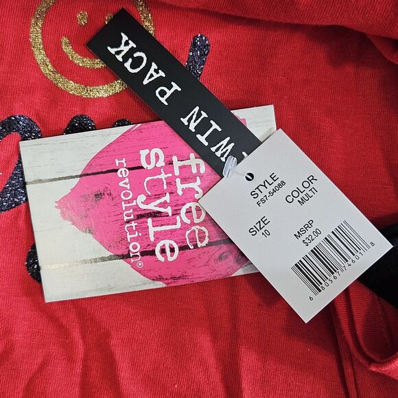 NWT Freestyle Rev Size 10 Girls Smile Glitter Shirt 2 pack Long Sleeve Red Black - Picture 4 of 4